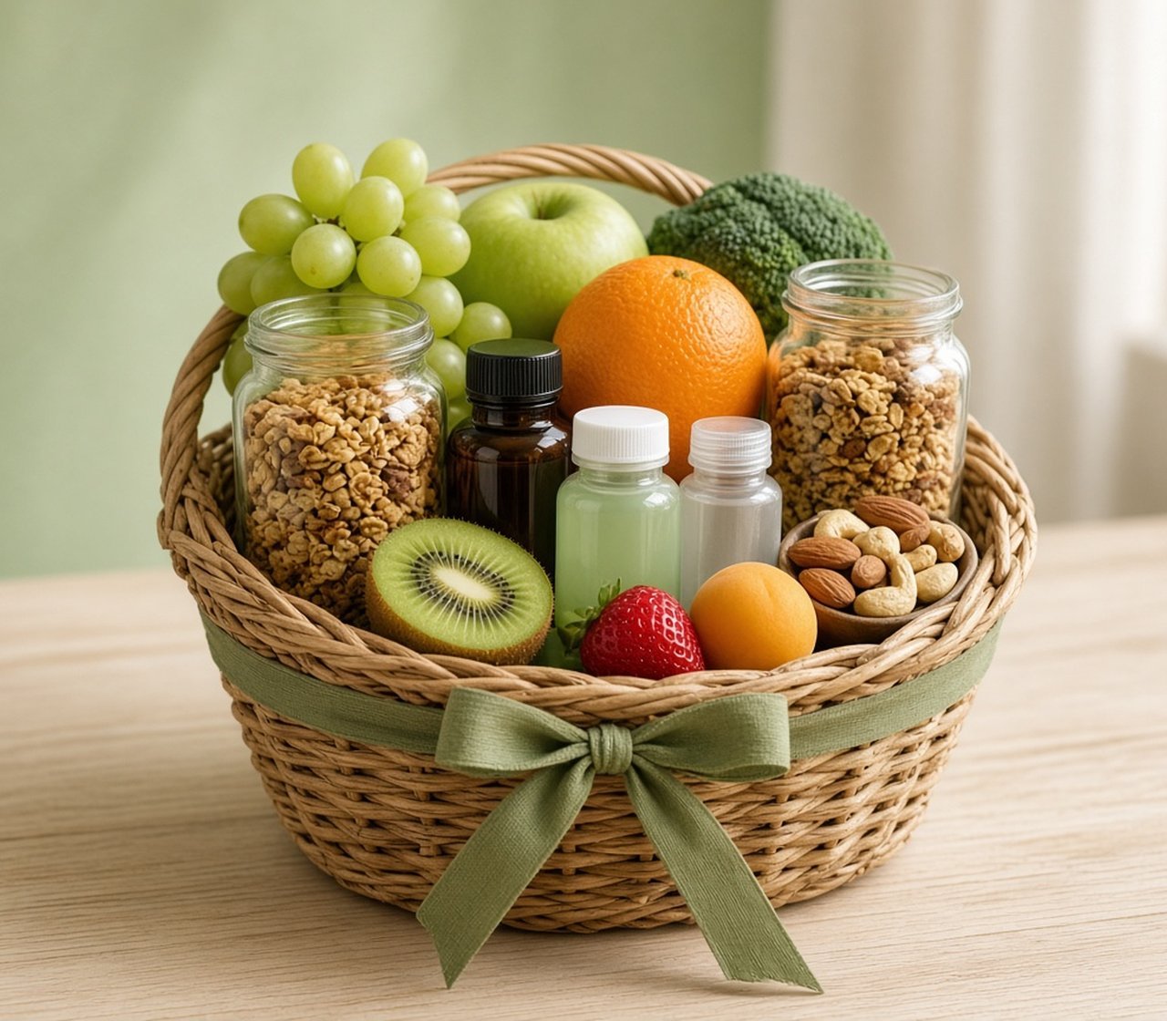 Cesta de fibra com frutas, castanhas e granola